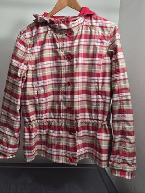 Plaid Hooded Button-Front Reversible Rain Jacket in Red and Tan